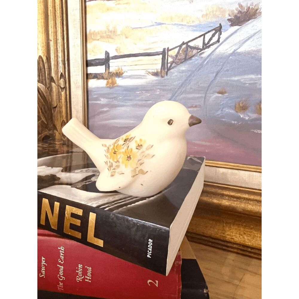 Fenton Hand Painted Custard Satin Glass Bird Figurine — Signed Floral Bird